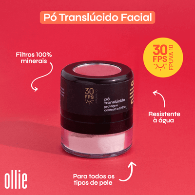 Pó translúcido facial, filtros 100% minerais, resistente à água, para todos os tipos de pele, FPS 30 FPUVA 10 
