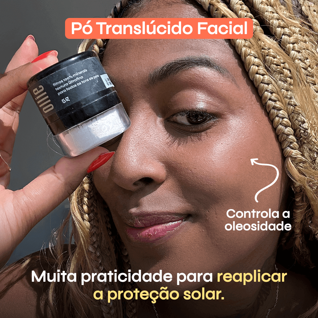 Pó  translúcido facial, controla a oleosidade e oferece muita praticidade para replicar a proteção solar. 