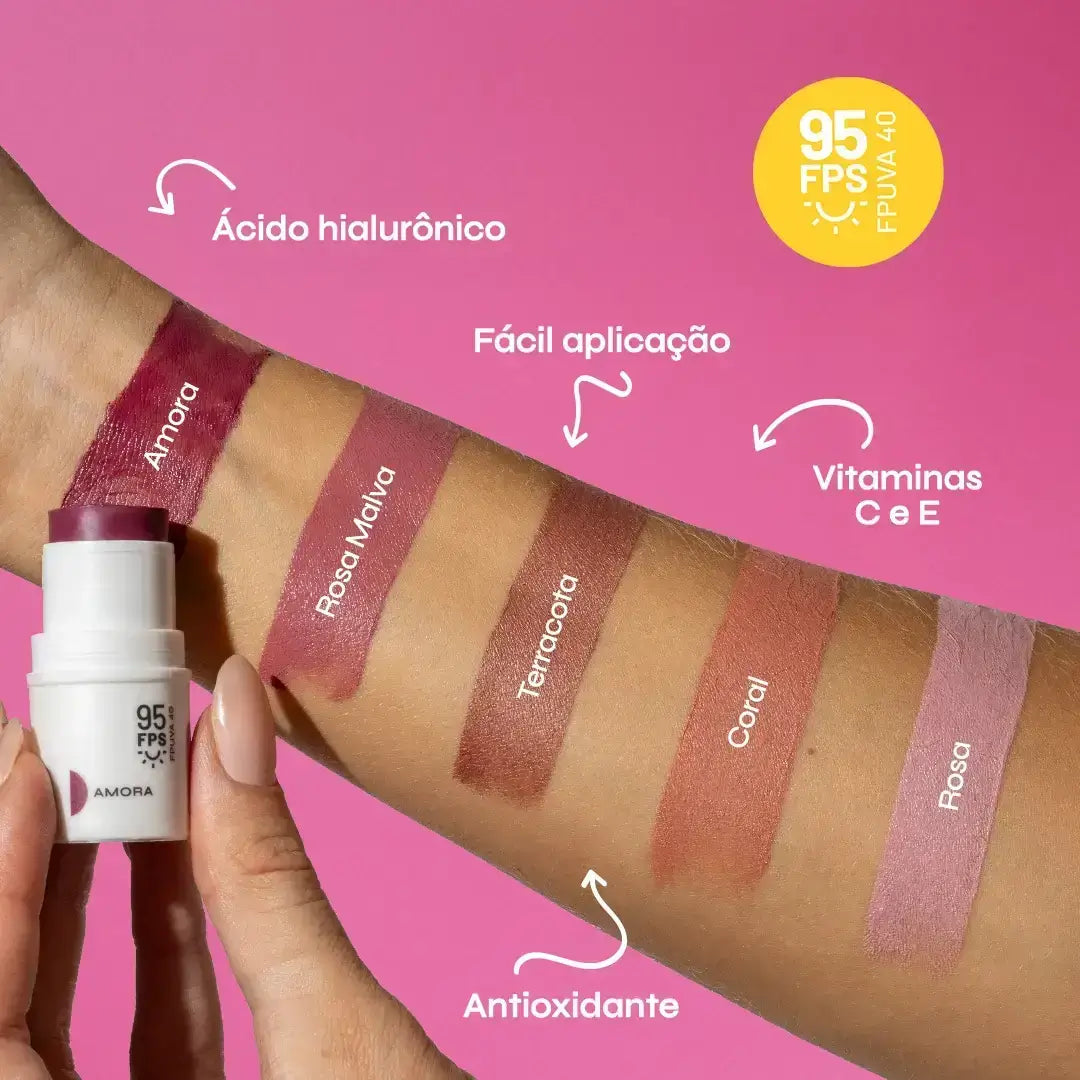 FPS 95 FPUVA 40, Ácido Hialurônico, fácil aplicação, vitaminas C e E, Antioxidante. O três em um está disponível nas cores; Amora, Rosa Malva, Terracota, Coral, Rosa.