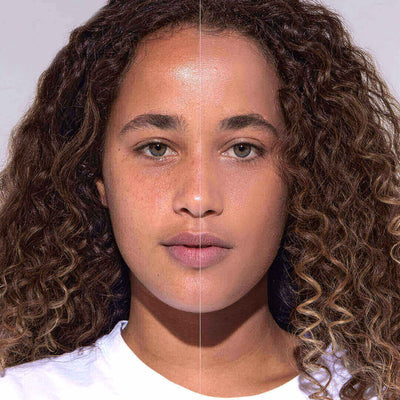 Foto modelo antes e depois de aplicar o Protetor Solar em Bastão com Cor da Ollie.