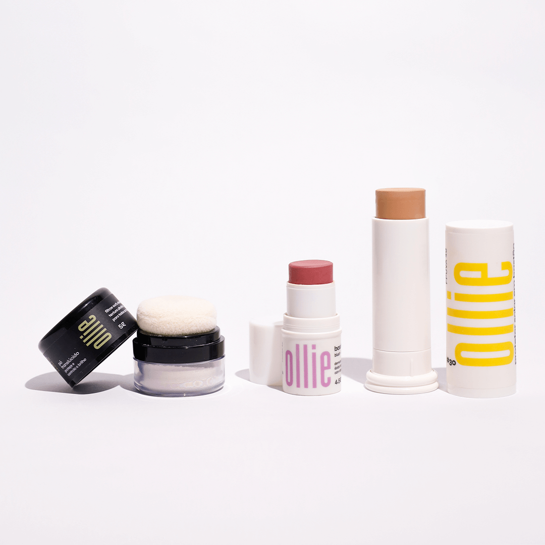 Kit Make Completona Maquiagem prática, proteção solar e controle de oleosidade? É esse kit make completona, com o Bastão Multifuncional Com Cor, Bastão 3 em 1 e Pó Translúcido.