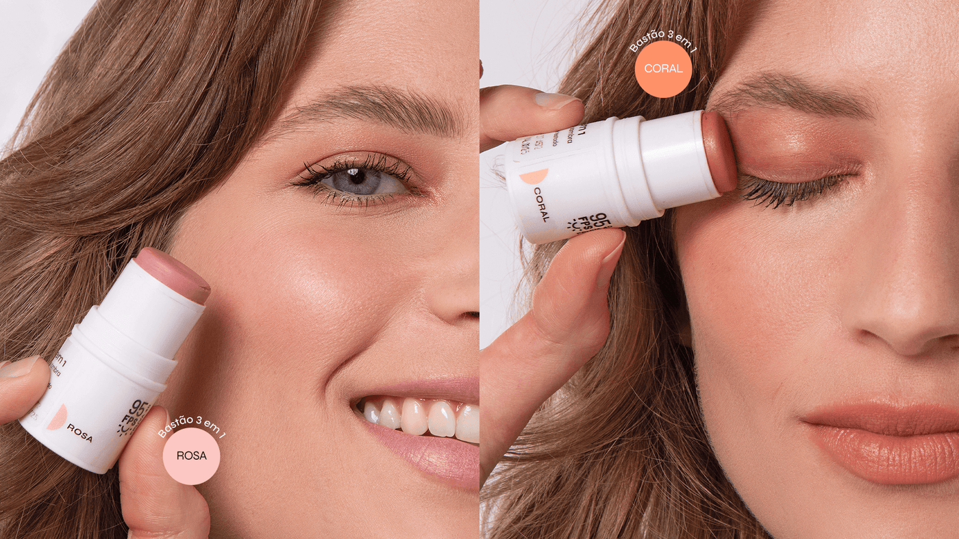 Bastão três em um sendo aplicado como blush, sombra e batom