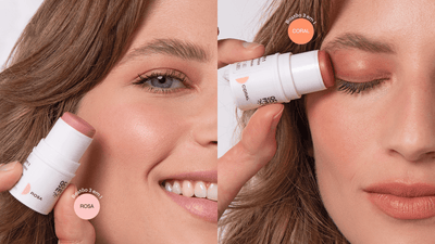 Bastão três em um sendo aplicado como blush, sombra e batom