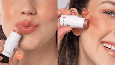 Bastão três em um sendo aplicado como blush, sombra e batom