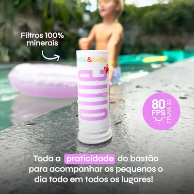 Nosso protetor solar infantil em bastão Kids&baby possui FPS 80 FPUVA 30, filtros 100% minerais e oferece toda a praticidade do bastão para acompanhar os pequenos o dia todo em todos os lugares!