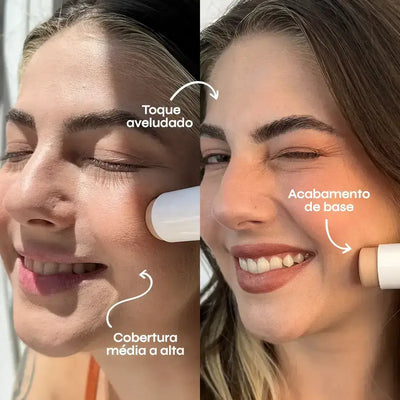 Foto de modelo aplicando o bastão com cor na pele, o produto possui cobertura média a alta, acabamento de base e toque aveludado. 