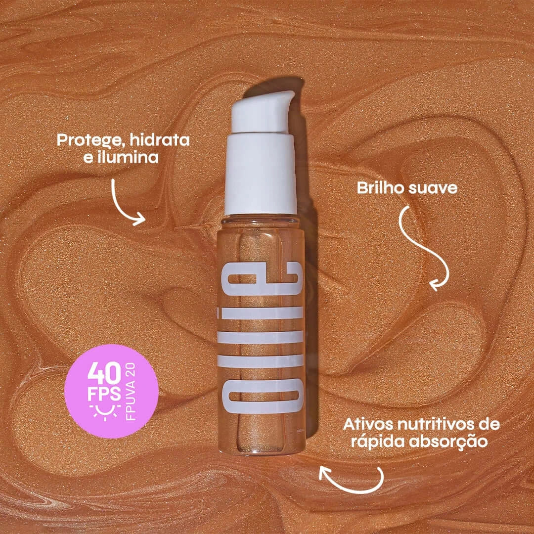 Nosso Glow corporal, tem brilho suave, protege, hidrata e ilumina, além de ativos nutritivos e rápida absorção, com FPS 40 e FPUVA20