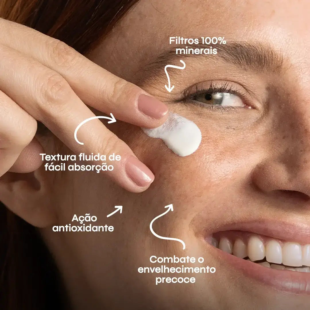Protetor solar mineral, textura fluida de fácil absorção, ação antioxidante, combate o envelhecimento precoce e possui filtros 100% minerais.