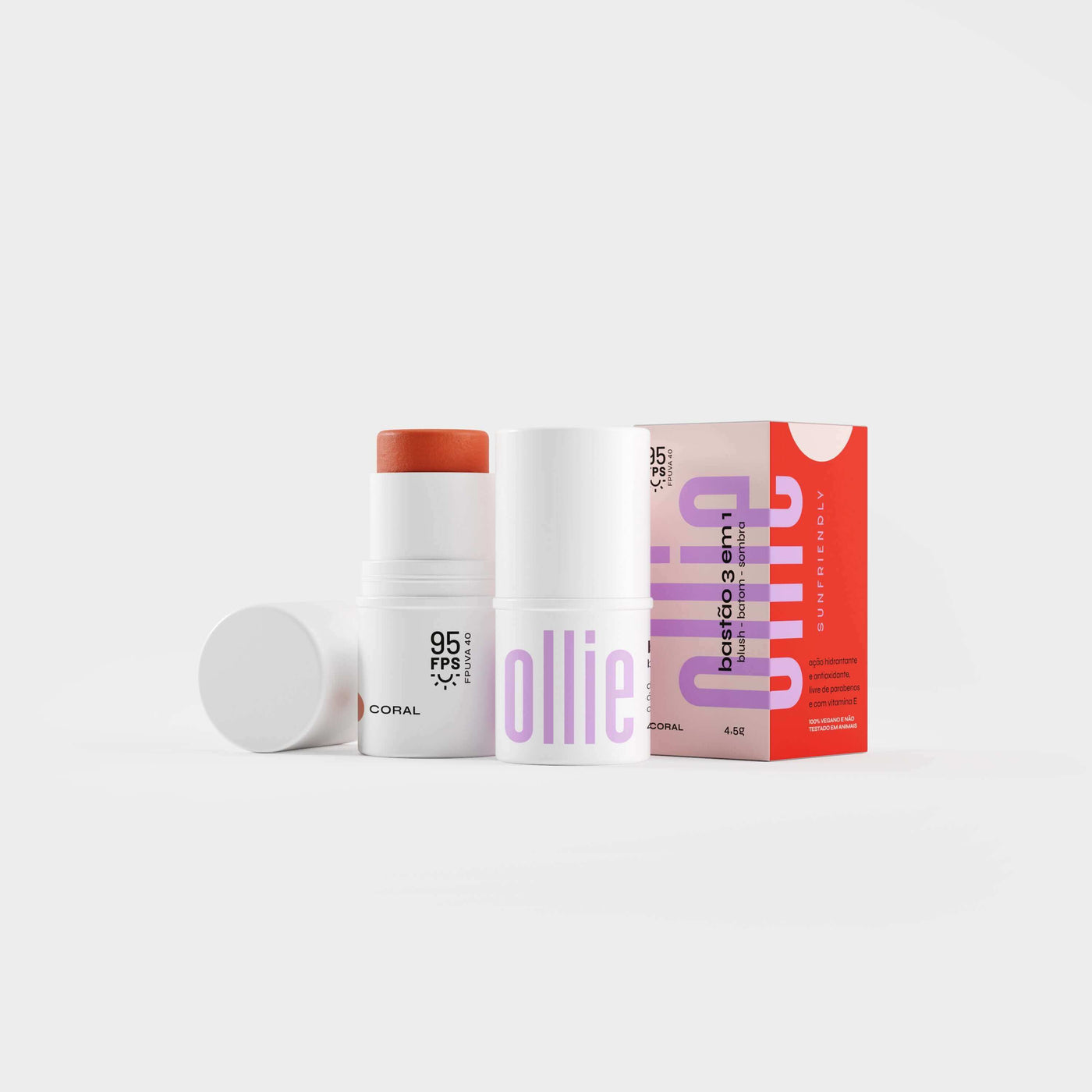 Bastão 3 em 1 Blush, Batom e Sombra FPS 95 Experimente o Blush Stick da Ollie. FPS 95, FPUVA 40, vitamina C e em cinco cores lindas e textura aveludada. Experimente praticidade com o Bastão 3 em 1 Ollie.