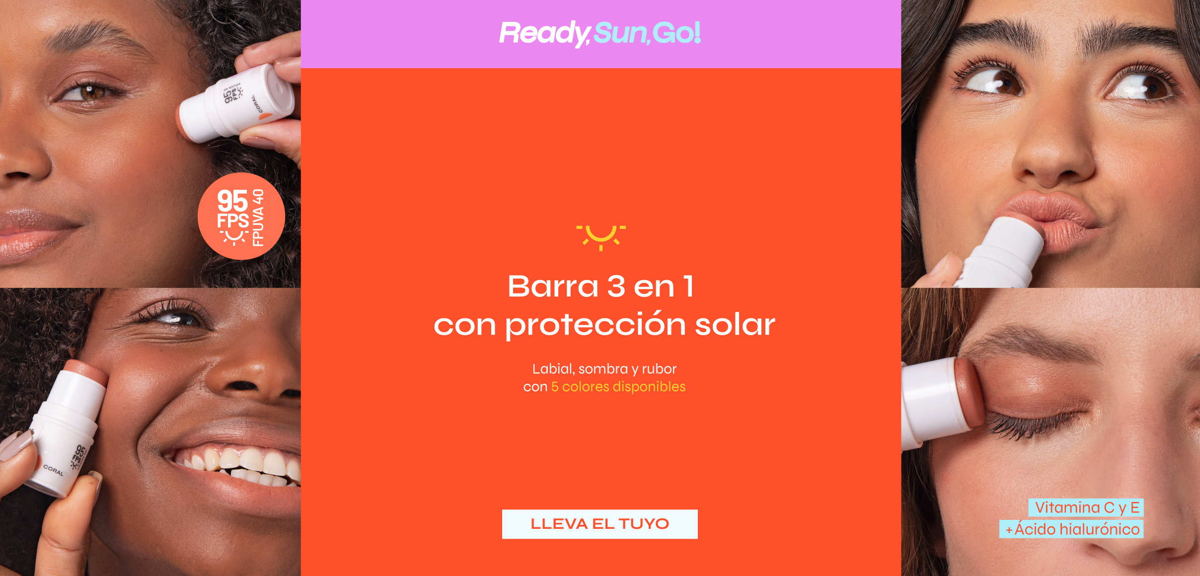 Banner Barra 3 en 1 Rubor, Labial y Sombra FPS 95 